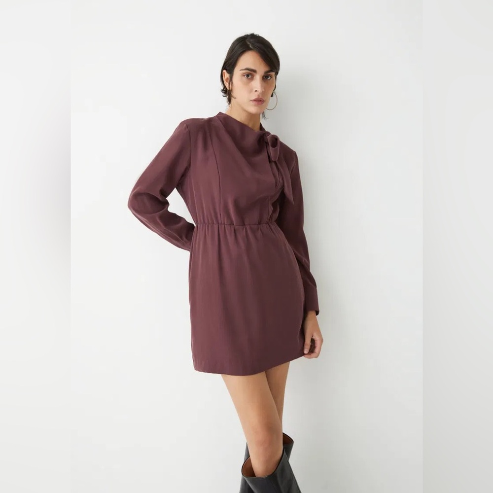 & Other Stories Burgundy Long Sleeve Mini Dress Size 10 | Bow Neck